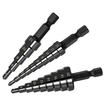 3Pcs fekete HSS lépcsős fúrószár készlet 3-12 mm / 4-12 mm / 4-20 mm fúrószár készlethez, hatlapú szár gyorscserélő elektromos kéziszerszámok