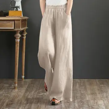 Nyári pamutvászon nadrág nőknek Vintage bő alap magas derék egyenes széles szárú nadrág fehér rózsaszín alkalmi hosszú nadrág