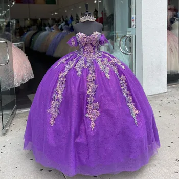 Lila báli ruha Quinceanera ruhák 3D virág rátétek Hamupipőke 16 hercegnő ruhák Vestidos De 15 Anos