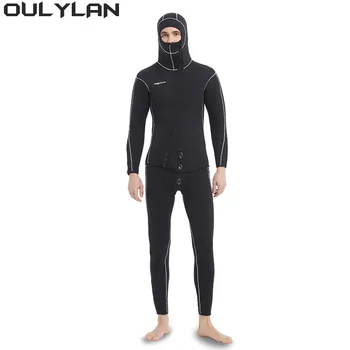 Oulylan 5MM férfi búvárkodás Snorkeling szörfözés Szigonyhorgász ruhák neoprén kapucnis osztott búvárruha Búvárruha