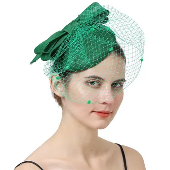 Green Fascinator Hat Derby Event Esküvői fátyol Sinamay Millinery Fejfedő Party Church Headpiece Divat Toll Haj kiegészítők