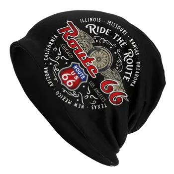 Ride The Route 66 Skullies Beanies Caps For Men Women Kkötött kalap Adult Biker Motoros körutazás Amerika autópálya motorháztető kalapok