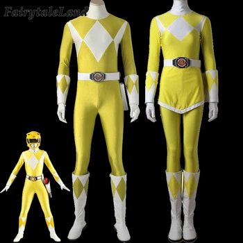Yellow Rangers jelmez Halloween csapat Tyranno Rangers egyenruha díszes szuperhős spandex jumpsuit csizma
