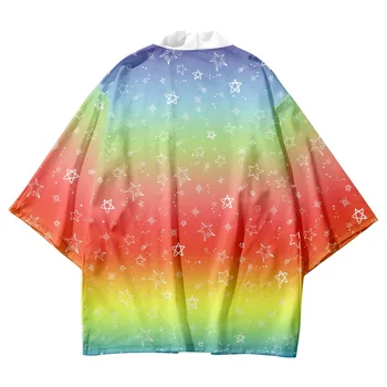 Star Nyomtatott színátmenet laza Japán kimonó Streetwear Cardigan köntös Nyári nők Férfi Haori felső Yukata