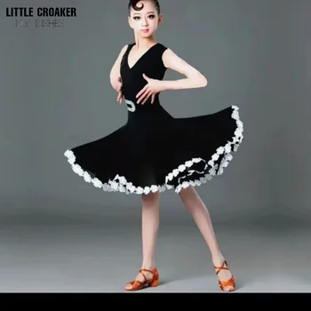 Új gyermek latin táncverseny Ruha lányok gyakorló ruhák rövid hosszú ujjú latin ruha fekete társastánc ruhák