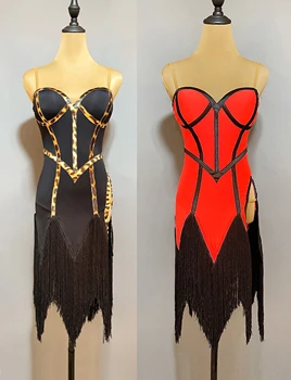 Új latin táncruha női szexi bojt tánc jelmez felnőtt verseny ruha fekete piros rojtos ruha Cha Cha Rumba ruha JL5671
