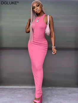 Bordázott ujjatlan bodycon Maxi ruha női 2023 nyár szűk hosszú pólóruha Alkalmi alap tankruha rózsaszín fekete