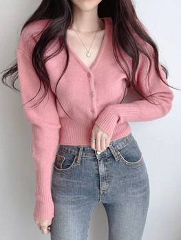 Vékony kötött Cardigan Women koreai stílusú édes egymellű rövid pulóver Lady Autumn V-nyakú hosszú ujjú karcsú alkalmi puha felsők