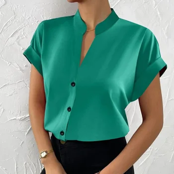 Új alkalmi gomb laza blúz Blusas nyári rövid ujjú V-nyakú felsők Office Lady divat tömör egyszerű ingek 2023 Nők 25985