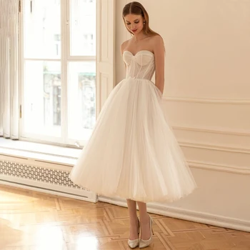 Rövid menyasszonyi ruha A vonalas kedvesem ujjatlan hercegnős ruha midi fehér tüll hát nélküli egyszerű menyasszony 