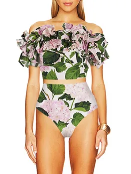 Divat Nagy virágmintás hasított csipke rakott hercegnő lapos váll magas derekú bikini és ünnepi hosszú tengerparti ruha borító nők