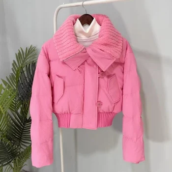 Női dzseki rózsaszín rövid felsőruházat hajtóka pamut kabát őszi téli kabát nőknek sűrített felsőruházat