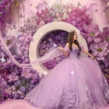 Purple Off Shoulder Quinceanera ruha báli ruha 3D virág rátétes csipke Sweetheart Sweet 16 Vestidos De Fiesta