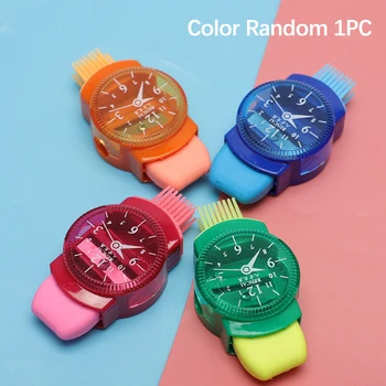1PC Aranyos vicces órák alakú mini színes ceruzahegyezők radírral ecset gép ceruzahegyező irodai kellékek
