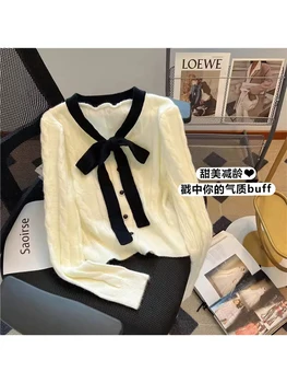 Női sárgabarack Cardigan kötött pulóver Vintage Harajuku Koreai divat Y2k Bow Hosszú ujjú V-nyakú pulóverek Top Clothes Ősz