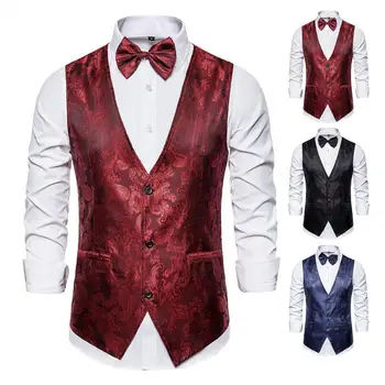 Férfi öltönymellény formális vintage mintás egymellű V nyakgombok ujjatlan karcsú szabású Cardigan vőlegény esküvői mellény masnival