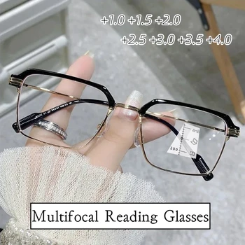 Vintage nők Férfi multifokális olvasószemüveg Retro divat Távoli látás Szemüvegek optikai bifokális hiperopia szemüveg +4.0-ig