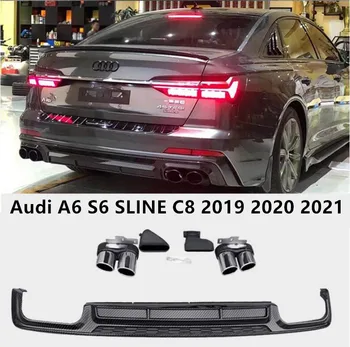 Hátsó lökhárító diffúzor és kipufogócsúcsok Audi A6 S6 SLINE C8 2019 2020 2021 2022 szedán csomagtérajtó ajakspoiler ABS szénszálas