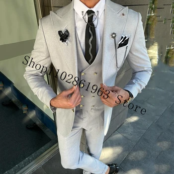 Szürke férfi öltönyök Slim Fit 3 darab öltöny Hivatalos üzlet Legjobb férfi szmokingok esküvőre Vőlegény viselet Blézer+mellény+nadrág jelmez Homme