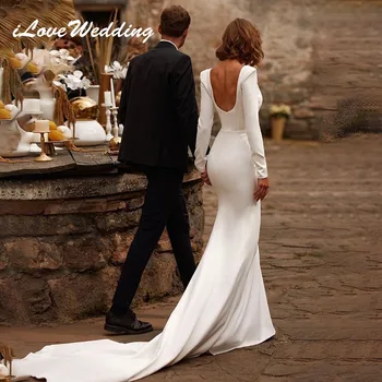 ILoveEsküvői elegáns sellő esküvői ruhák szögletes gallér Egyszerű szatén A-vonal hát nélküli menyasszonyi ruha Vestido De Novia egyedi készítésű