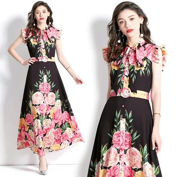 francia Brit íj divat Nagy virág ujjatlan Nagy fekete hosszú ruha Pásztori rózsaszín női ruha vintage szoknyák Ingyenes szállítás