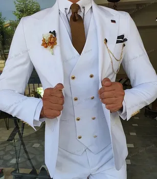 fehér 3 részes új férfi öltöny csúcshajtóka slim fit alkalmi szmokingok vőlegény Tailor Made Terno Masculino Blazer nadrágmellény