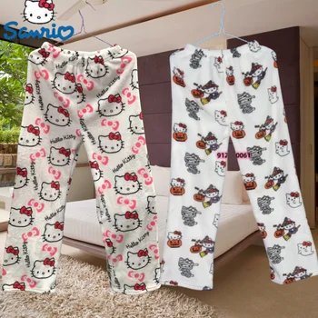 Sanrio Hello Kitty Flanel pizsama fekete női meleg gyapjú rajzfilm alkalmi otthoni nadrág ősszel Téli divat otthoni ruházat