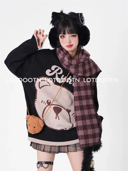 LOTDOOTN téli női pulóver Y2k Japán stílusú rajzfilm medve pulóver Harajuku Kawaii kötött pulóver crossbody táskával