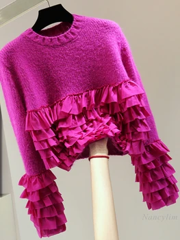  rakott fodros varrású pulóver Női koreai stílusú őszi és téli magas derékú rövid kerek nyakú hosszú ujjú pulóverek pulóver