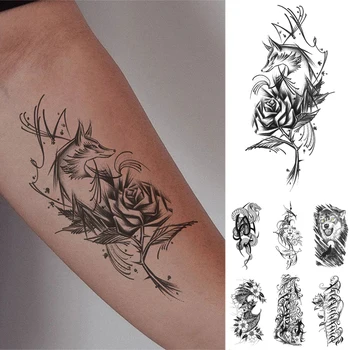 Vízálló ideiglenes tetoválás Black Fox Rose Body Art matrica gyerekeknek Férfiak Nők