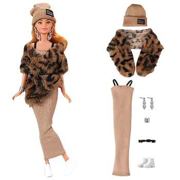 NK 1 Set Doll Royal elegáns estélyi ruha: kalap+leopárdmintás kendő+ruha+fülbevaló+karkötő+öv+cipő Barbie baba kiegészítőkhöz