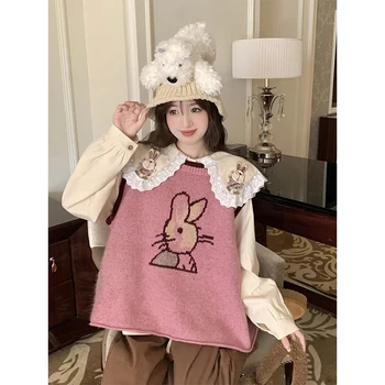 MEXZT Sweet Print pulóvermellény női ujjatlan kötött pulóverek Preppy mellény kötöttáru Harajuku koreai Kawaii alkalmi pulóver