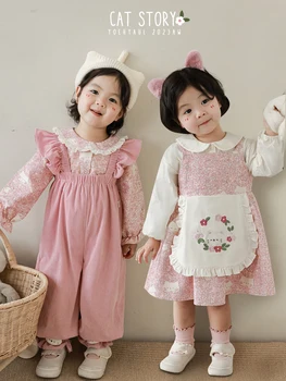 Lányok őszi szett gyermek csipkepántos ruha gyermek aranyos divat hajtókás ing
