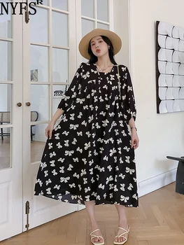NYFS 2023 nyár Új-Korea hát nélküli női ruha Vestidos köntös Elbise laza plusz méretű csokornyakkendő nyomtatás rövid ujjú hosszú ruhák