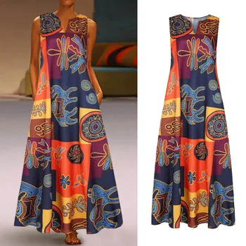 Női hosszú Maxi ruhák Női nyári nyomtatás Szexi ruha Női alkalmi Vintage Laza ujjatlan ruha Tank Vestidos