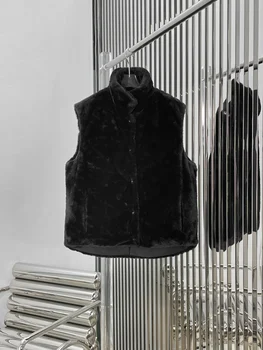 Új kétoldalas viselet környezetbarát szőrös állógalléros mellény, klasszikus fekete, időtlen megjelenés tartós
