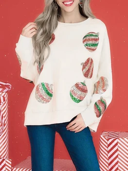 Nők Mikulás karácsonyi diótörő pulóver Flitteres újdonság 3D nyomtatás Crewneck hosszú ujjú pulóver pulóverek felsők