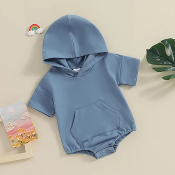 Kisfiúk nyári kapucnis pulóver alkalmi egyszínű rövid ujjú pulóver Romper újszülött csecsemő aranyos ruhákhoz