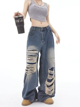 Női retro lyukas farmer mosás streetwear hip hop alkalmi széles szárú vintage demin nadrág Y2k bő egyenes nadrág női 2023