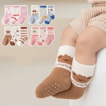 3pár/tétel 0-3 éves téli kisgyermek baba zokni fiúknak lányok padló gyermek zokni csúszásgátló nyomat korall gyapjú gyerek otthoni zokni