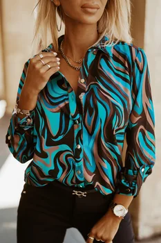 Női nyári mintás ing hajtóka egymellű hosszú ujjú ing divatos és bő szabású barokk alkalmi irodai ing