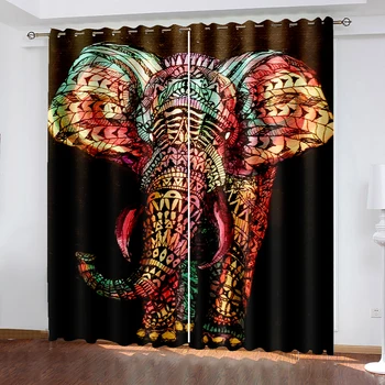 Bohemian Elephant print digitális függöny Nappali hálószoba erkély alacsony árnyék dekoratív függöny 90g poliészter két panel