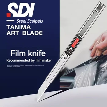 Eredeti SDI 0439C 30°-os éles szögű, magas szénacél penge Rozsdamentes acél késtartó Multifunkcionális kis 9 mm-es automatikus reteszelő használati kés Teljesen fém autófilm vágópapír kés