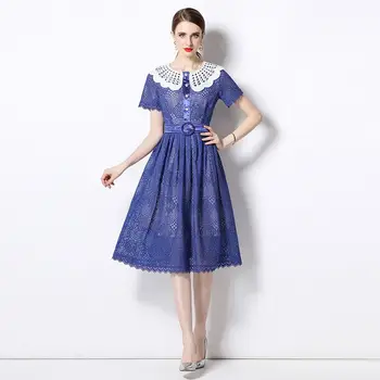 Kék csipke ruha Kifutópálya divat Nők Tavasz Nyár Pán Péter Gallér Egymellű virág hímzés Party Vestidos N6918