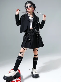 Teenage Girl Streetwear táncruha Black Sets divatdzsekik és szoknya 2Db gyermek tréningruha Kids Hip Hop ruhák 4-14 éves korig