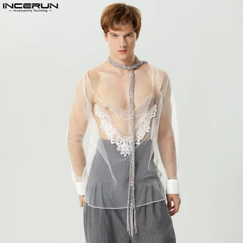 INCERUN felsők 2023 divatos férfi lengő nyakú átlátszó hálós pólók Szexi férfi hímzés matrica hosszú ujjú Camiseta S-5XL