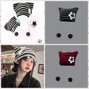 Új stílusos kis ördögcsíkos kötött sapka nőknek Lányok Aranyos macskafülek meleg gyapjú kötött kalap hegyes pulóver kalap